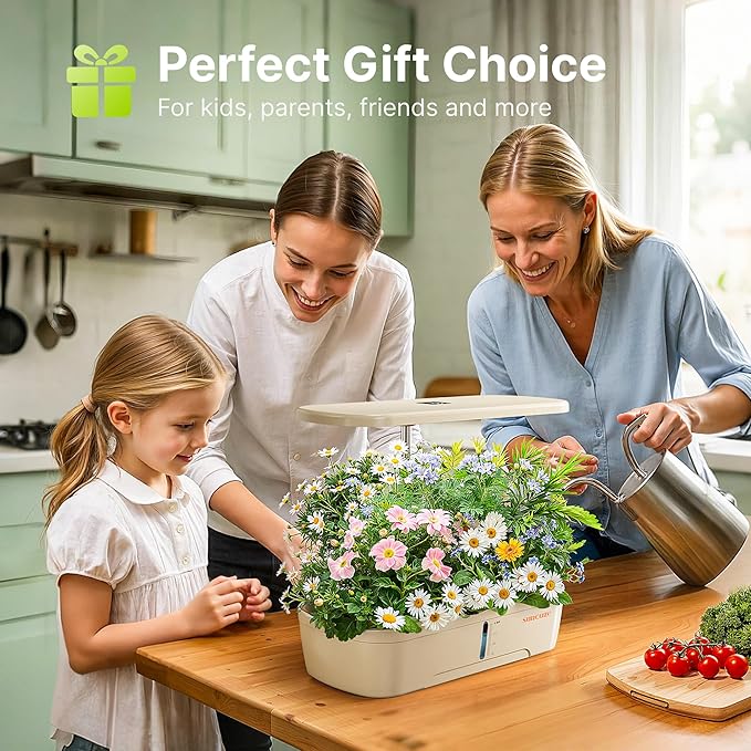 SUNCOZE Hydroponics Growing System Kit 12 Pods, Indoor herb Garden with 20W LED Grow Light, Visible Water Tank with Pump, 2.2"-12.4" Adjustable Height Indoor Gardening System, Gardening Gifts, Beige