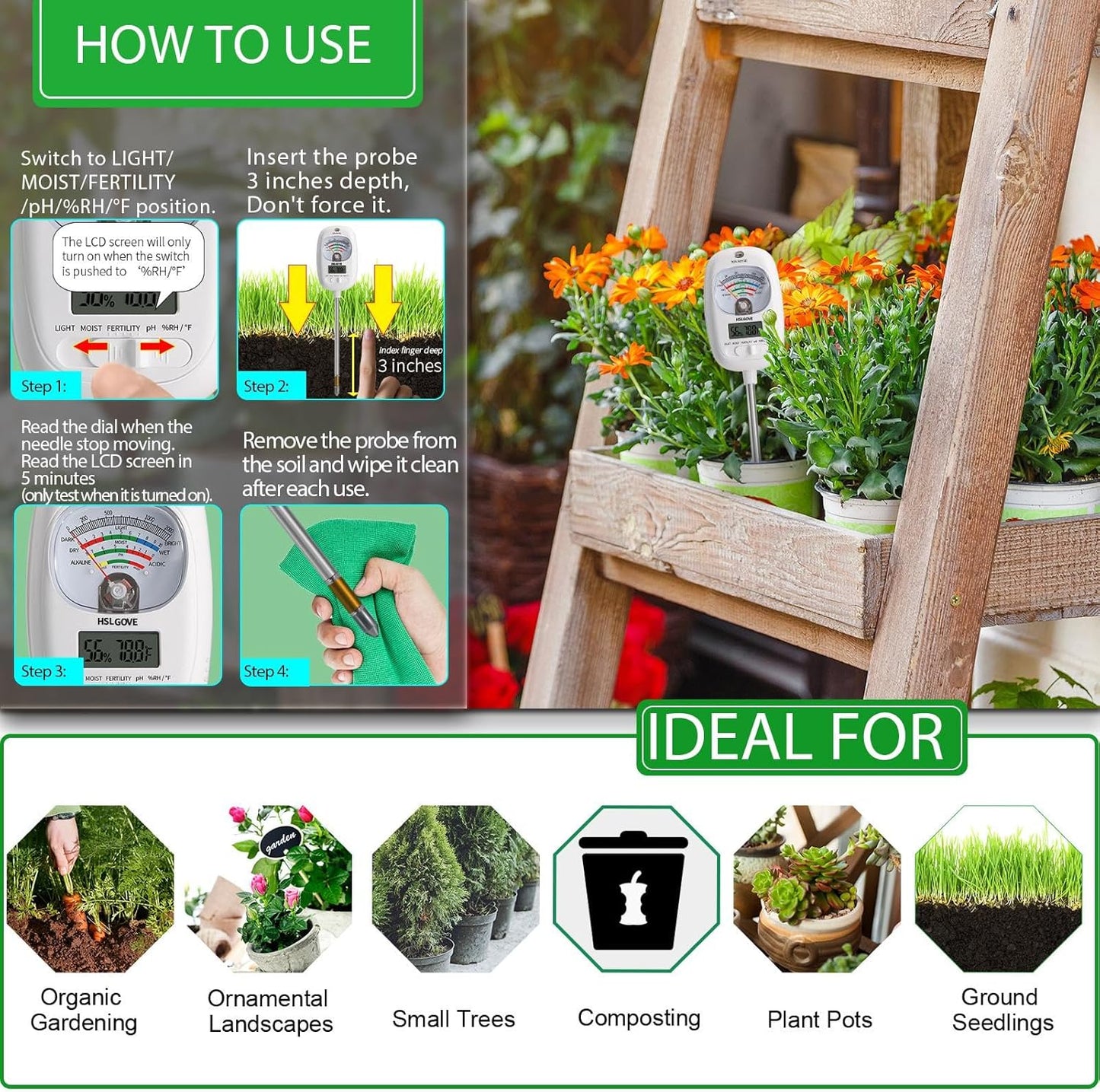 HSLGOVE Soil Test Kit, 7-in-One Soil Moisture Meter/Soil PH Meter/Fertility, Dual Screen Soil Tester w/Digital Soil Temp/Air Temp&Humidity for Plants Gardening,Lawn,Farm Indoor&Outdoor-PureWhite