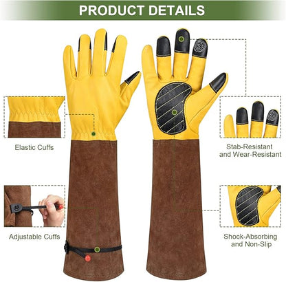 Long Gardening Gloves for Women Thorn Proof,Rose Pruning Cowhide Leather Garden Gloves for Cactus, Rose and Blackberry