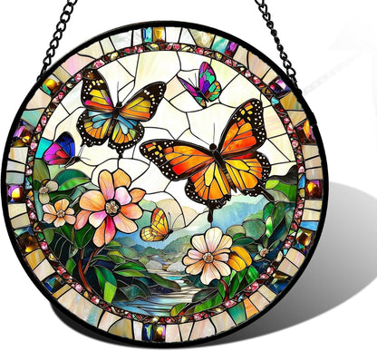 Stained Glass Window Hanging, Butterflies Flying in The Sky Suncatcher for Doors Home Sun Catchers Decoration and Christmas, Mother's Day Birthday Gifts for Women, Men, and Mom 14.9x14.9 in