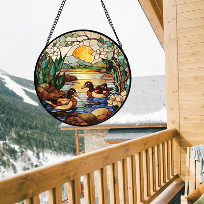 Stained Glass Window Hanging, Ducks in The Pond Sun Catcher for Door Home Decor Landscape Plant Suncatcher Christmas Mother's Day Birthday Gifts for Women Men Mom Nana 6.3 in