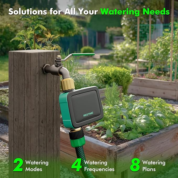 RESTMO Smart Sprinkler Timer with Flow Meter, Water Timer for Garden Hose, Brass Inlet & Outlet, Automatic Lawn & Yard Irrigation Watering System, APP Remote Control (RF Hub + WiFi Connection)