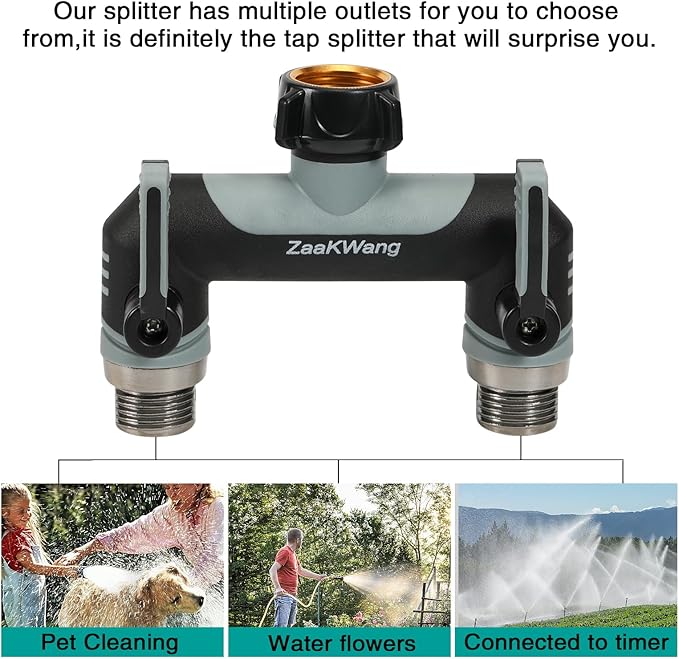 Full Flow Heavy Duty Two - Way Hose Splitter, Rugged Garden Faucet Adapter, Spout Diverter T - Way Adapter with Extended Handle, 3/4” GHT Thread, Grey