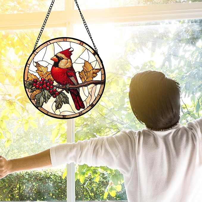 Stained Glass Window Hanging, Birds on a Branch Cardinal Sun Catchers Diamond Glass Panel Hangings Suncatcher Decor for Birthday for Women, Men, Wife, Aunt, and Mom 9.8X9.8IN