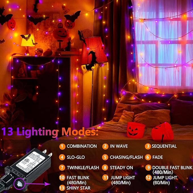 Upgraded Connectable 200 LED Halloween String Lights Outdoor Indoor, 66FT Orange and Purple Halloween Lights 13 Modes, Waterproof Twinkle Fairy Lights Plug in Clear Wire for Tree, Bedroom Decoration