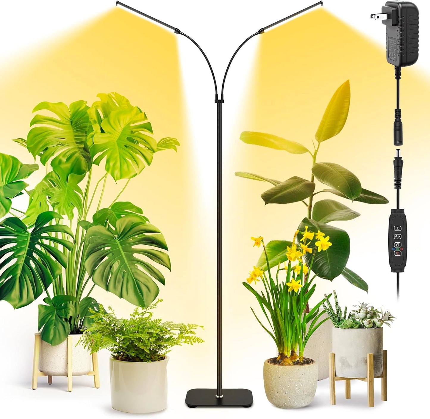 Plant Grow Light for Indoor, Full Spectrum Dual Heads Grow Light, 66.5in Extendable Stand,144 LEDs,10-Level Dimmable, Auto Timer, Adjustable Gooseneck Floor Lamp for Tall Large Plants