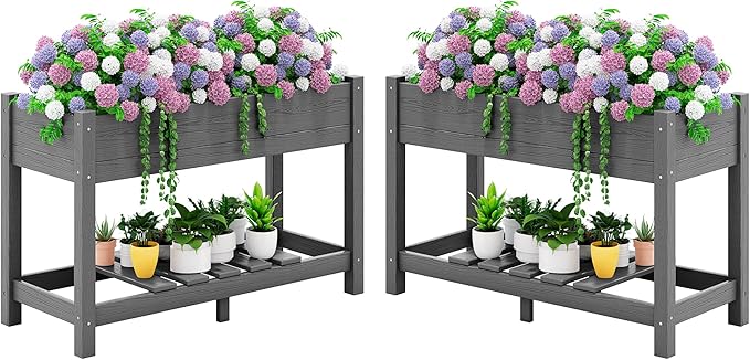 SERWALL Raised Garden Bed Set of 2, HDPE Raised Bed for Gardening All Weather Use- Grey