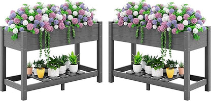 SERWALL Raised Garden Bed Set of 2, HDPE Raised Bed for Gardening All Weather Use- Grey