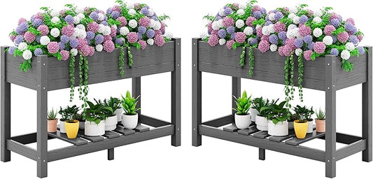 SERWALL Raised Garden Bed Set of 2, HDPE Raised Bed for Gardening All Weather Use- Grey