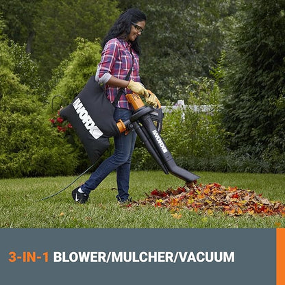 WORX Trivac 3-in-1 Electric Leaf Blower for Lawn Care, Leaf Mulcher/Leaf Vacuum with Bag, 350 CFM & 210 MPH, Leaf Shredder with Metal Impeller, Reusable Bag Included, Corded, WG505.2
