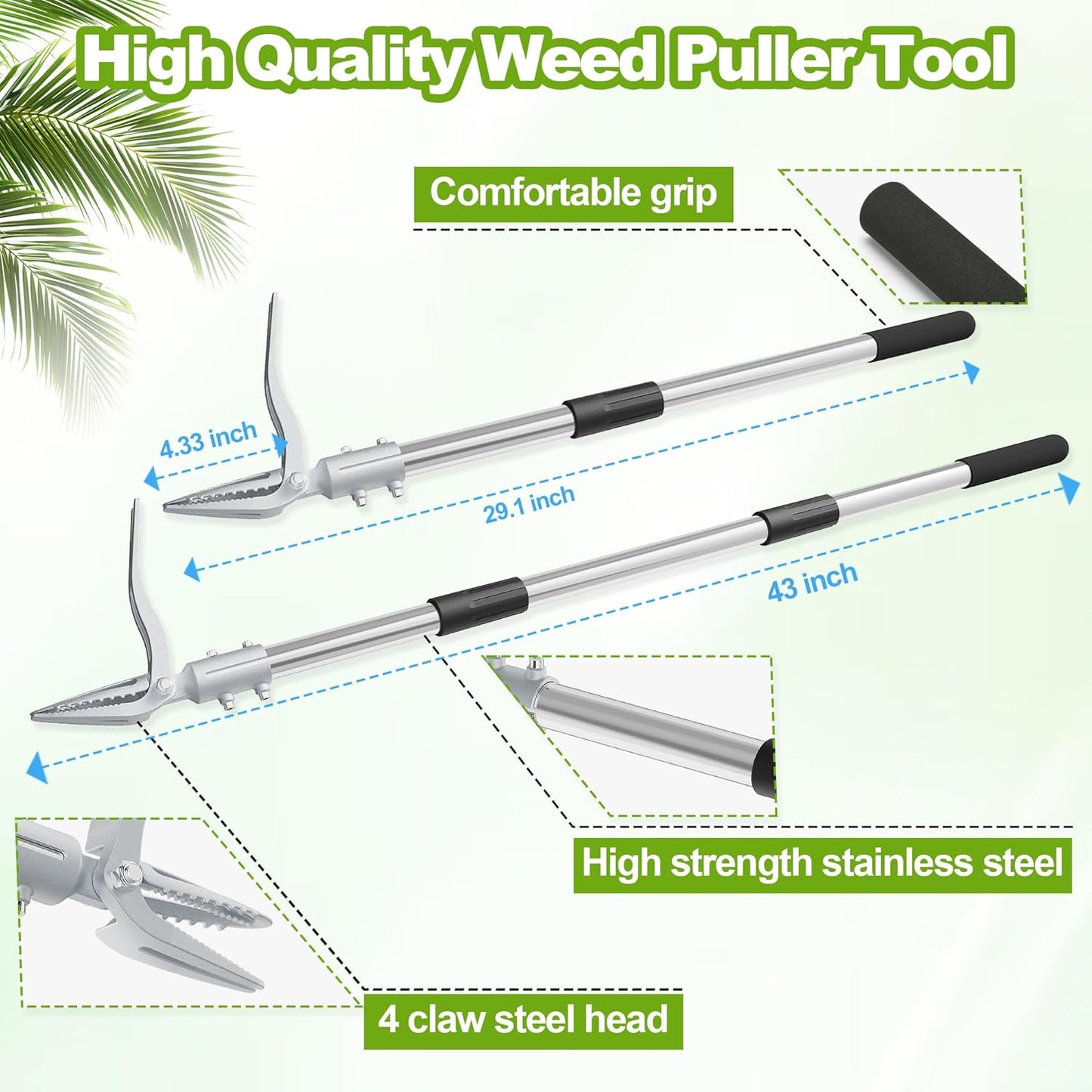 Weed Puller Tool with Gloves, Long Handle Stand Up Weed Tool, Heavy Duty Weeder Remover Tool with 4 Claw Steel Head for Garden, Yard, Lawns, Sidewalk