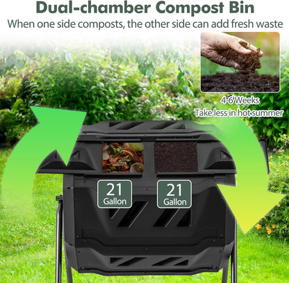 S AFSTAR Composter Tumbler Outdoor, 42-Gal Dual Chamber Tumbling Composter with 2 Sliding Doors, Metal Frame, BPA-Free Large Rotating Compost Bin Tumbler for Garden Yard Waste (Black)