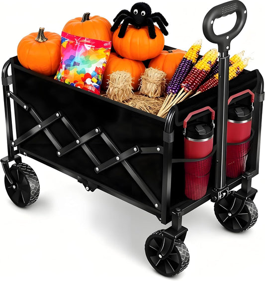 Wagons Carts Foldable,360 lbs Collapsible Wagon with Wheels Foldable Wagon Cart with Flexible Handle,Lightweight Portable Folding Cart for Camping Beach Picinic Grocery Sports Shopping Classic Black