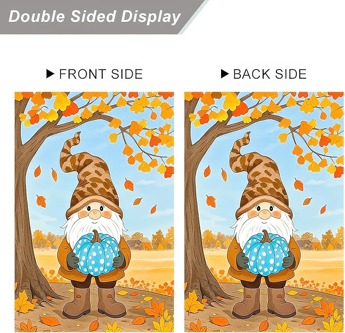 Fall Gnome Garden Flag 12x18 Inch Double Sided Autumn Gnome Holding Blue Pumpkin Yard Flags Harvest Banner for Thanksgiving Porch Lawn Outdoor Decoration