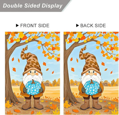 Fall Gnome Garden Flag 12x18 Inch Double Sided Autumn Gnome Holding Blue Pumpkin Yard Flags Harvest Banner for Thanksgiving Porch Lawn Outdoor Decoration