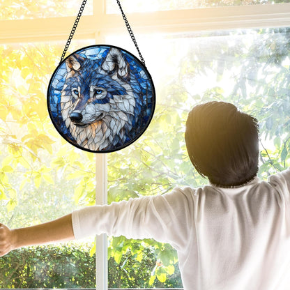 Stained Glass Window Hanging - Funny Wolf Suncatcher Ready to Hang Window Doors Home Decoration and Christmas, Mother's Day Birthday Gifts for Women, Men, and Mom 7.8x7.8 in