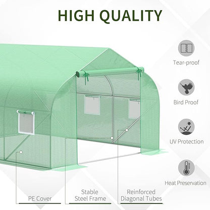 Outsunny 12' x 10' x 7' Outdoor Walk-in Greenhouse, Tunnel Green House with Roll-up Windows, Zippered Door, PE Cover, Heavy Duty Steel Frame, Green