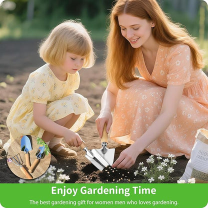 Garden Tool Set, 3 Pieces Gardening Kit with Garden Plant Twist Tie and Plastic Plant Tag, Stainless Steel Heavy Duty Garden Tools with Wooden Handle, Gardening Gifts for Women