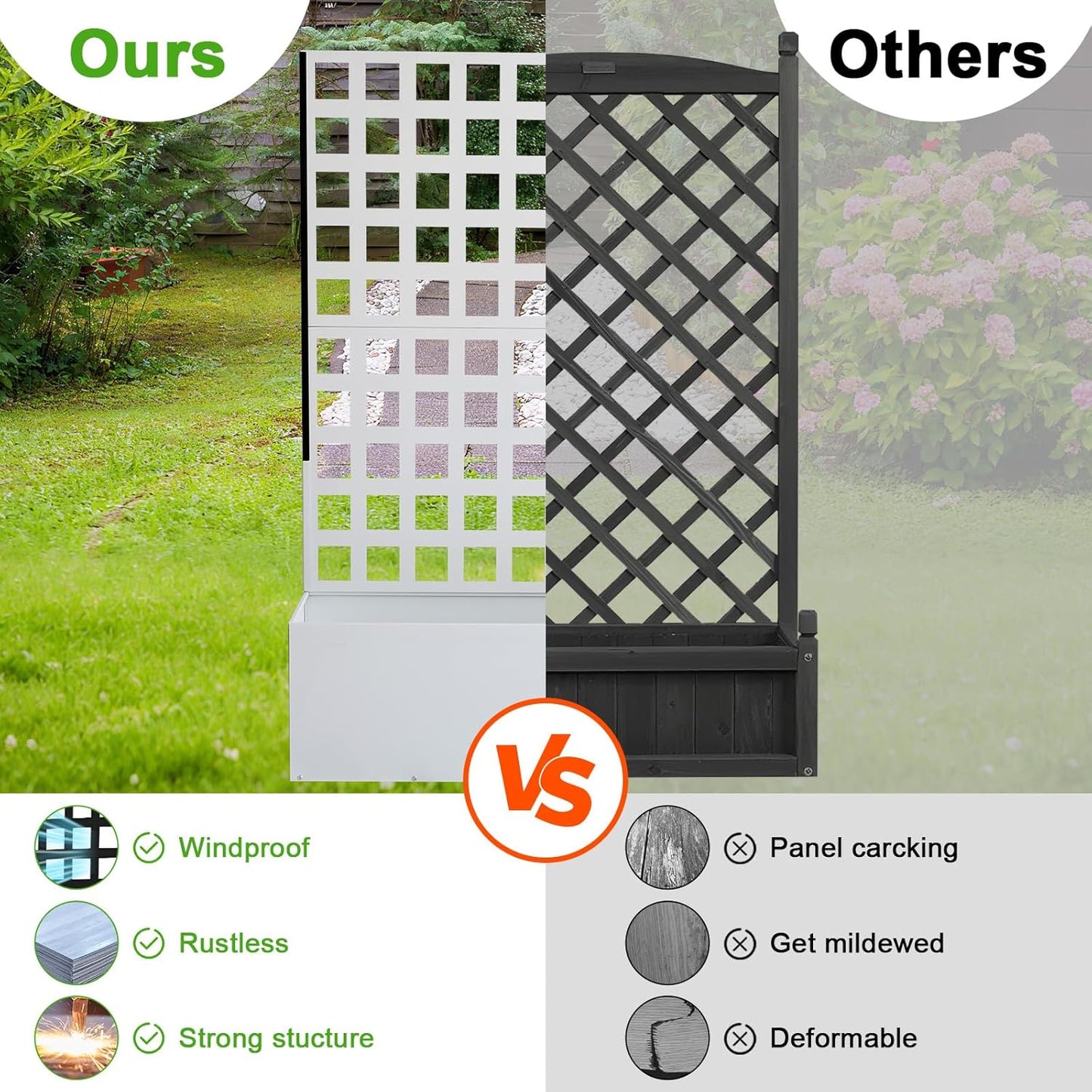 GarveeLife Metal Planter Box with Trellis, 71 in x47 in x12 in Raised Garden Bed with Trellis, Outdoor Garden Box with Privacy Screen & Drainage Holes for Climbing Plants Flower Vegetable, White