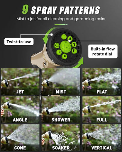 RAINPOINT Garden Hose Nozzle, Hose Sprayer Nozzle with 9 Spray Patterns, High Pressure Water Hose Nozzle Heavy Duty Metal Hand Sprayer, Watering Plants and Lawn, Car Washing, Pet Showering,Green