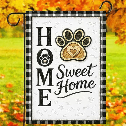 Garden Flags 12x18 Inch Home Sweet Home Garden Flag Paw Print Design Black and White Plaid Border Outdoor Decorative Flag for Pet Lovers Yard Flag for Porch Lawn