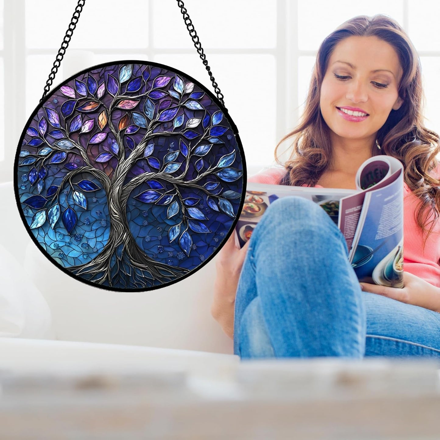 Stained Glass Window Hanging, Blue Purple Tree of Life Sun Catchers Colorful Glass Panel Plants Suncatcher Decor for Birthday for Women,Men,Wife, Lovers, and Mom 11.8x11.8 in