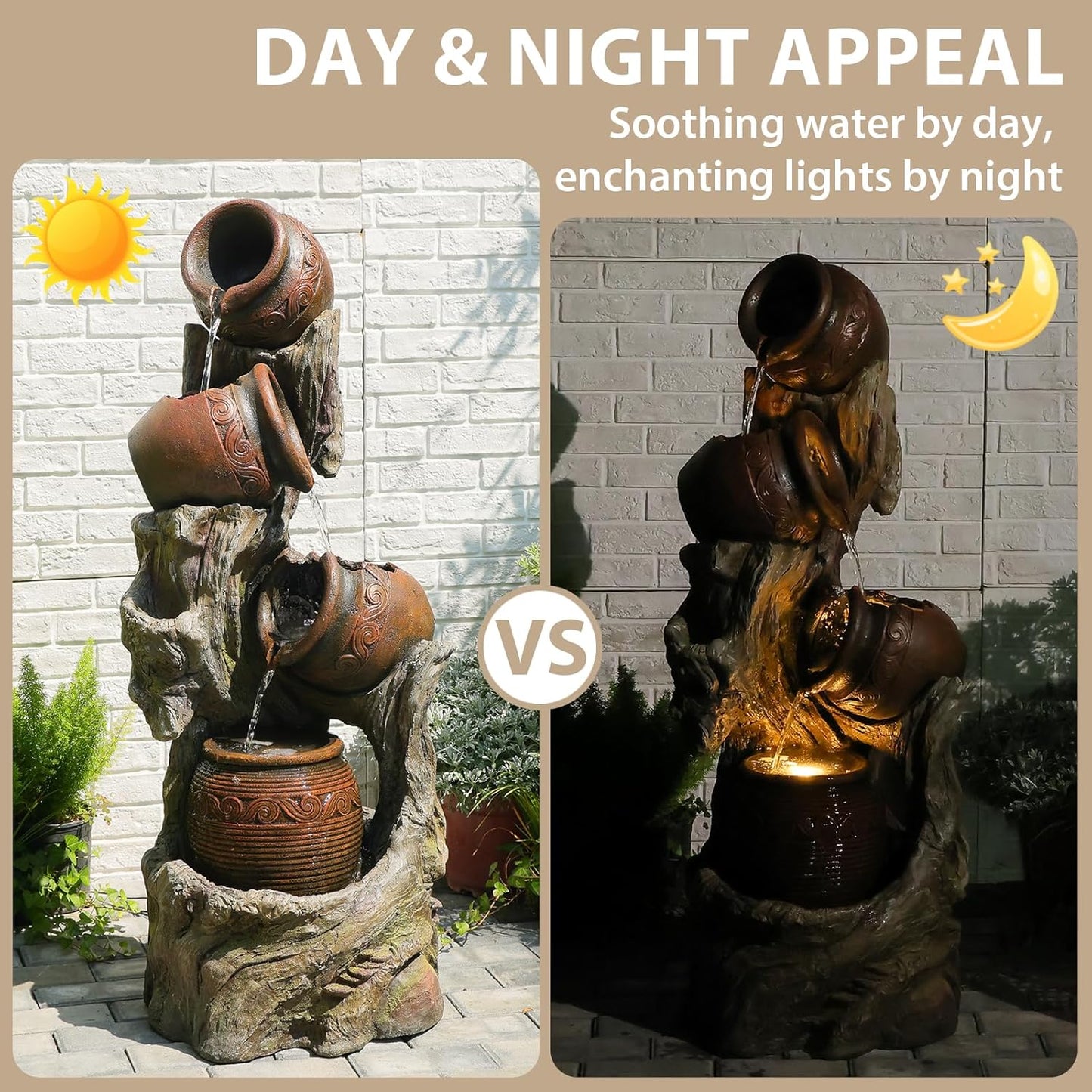 Freestanding Outdoor Fountain - Garden Water Feature with LED, Cascading Jar & Faux Wood Design for Patio/Backyard