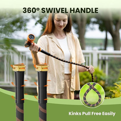 Giraffe Tools Garden Hose 25FT 1/2” Non-Expandable Lightweight Flexible Water Hoses Burst 600 psi with 9 Spray Function Nozzle Heavy Duty Hose