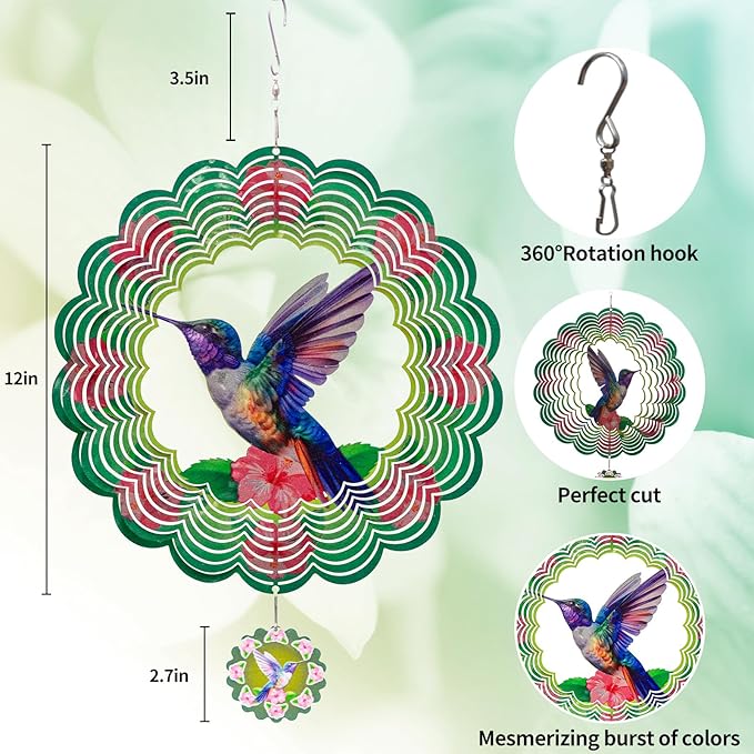 3D Hummingbird Wind Spinners for Yard and Garden Patio Decor 12 Inch Outdoor Metal Stainless Steel Wind Spinner Unique Gift Holiday Wind Sculptures