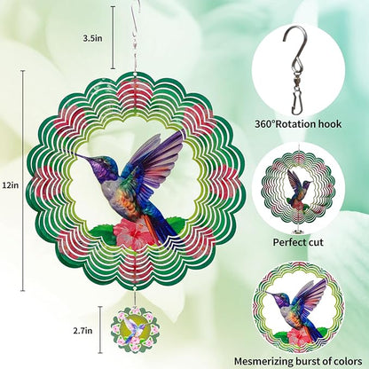 3D Hummingbird Wind Spinners for Yard and Garden Patio Decor 12 Inch Outdoor Metal Stainless Steel Wind Spinner Unique Gift Holiday Wind Sculptures