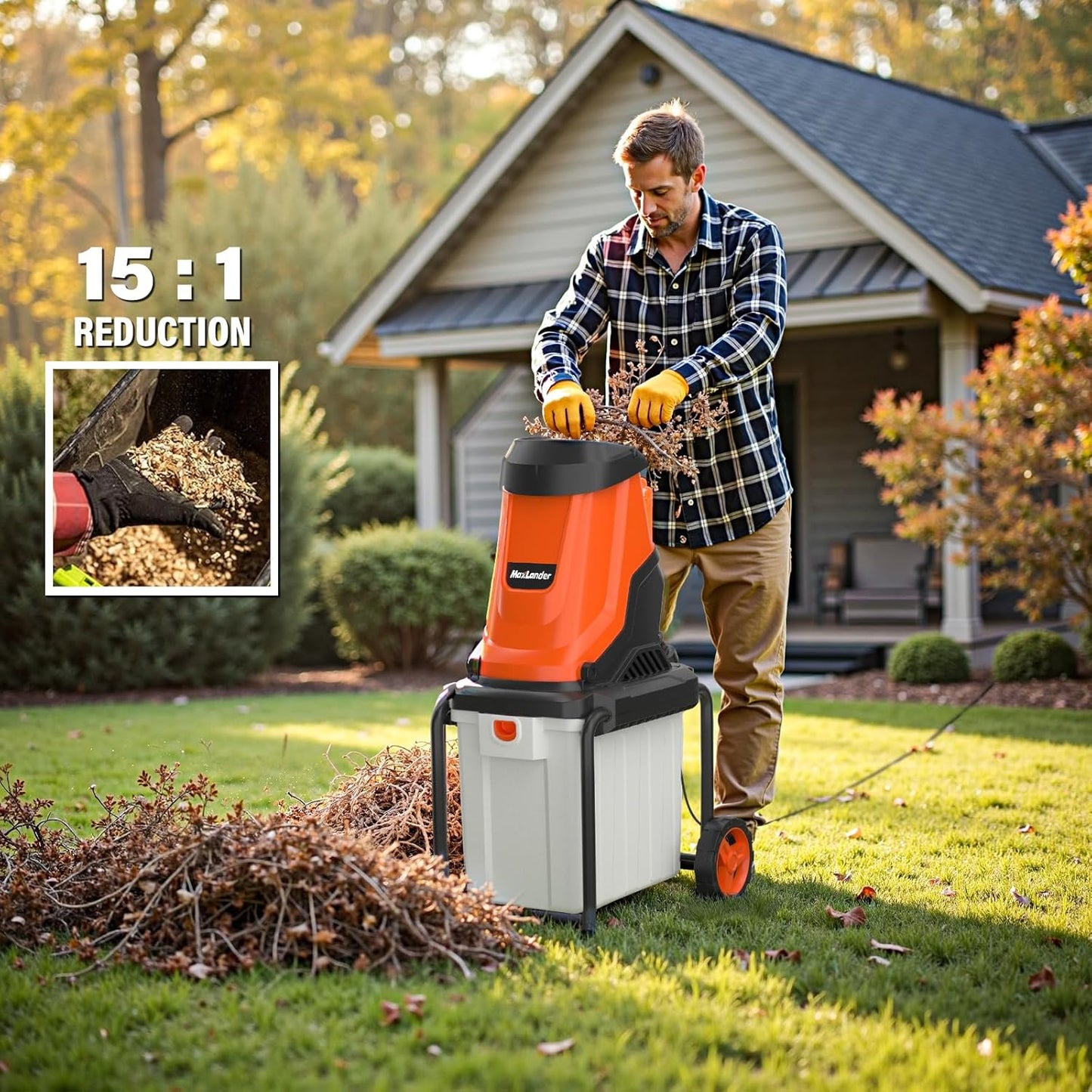 MAXLANDER 15-Amp Electric Wood Chipper, Shredder Mulcher with 50L Collecting Bin, 1.8-Inch Cutting Diameter for Mulching, Composting and Yard Cleanup 15:1 Reduction
