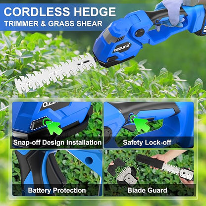 AZZUNO Hedge Trimmer Cordless, 2-in-1 Battery Powered Electric Hedge Trimmer&Grass Shears with Battery and Charger Included,Handheld Grass Cutter Shrub Trimmer for Gardens, Yards, Lawns