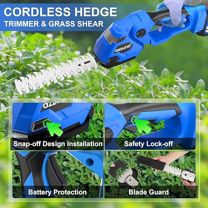 AZZUNO Cordless Hedge Trimmer, 2-in-1 Electric Grass Shears Shrubbery Trimmer with 2Ah Battery，Handheld Grass Cutter Shrub Trimmer for Gardens, Yards, Lawns, Including Charger(2 Batteries)