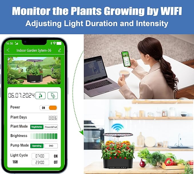 Hydroponics Growing System Kit APP Controlled, 15 Pods Indoor Herb Garden Hydroponic 36W Grow Light, Smart Indoor Garden, Height Adjustable to 30", Auto Timer, Quiet Pump, Water Shortage Alarm, Black