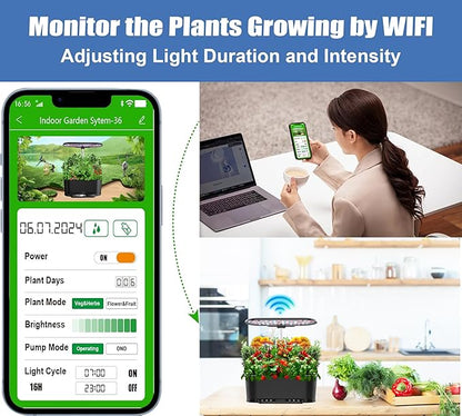 Hydroponics Growing System Kit APP Controlled, 15 Pods Indoor Herb Garden Hydroponic 36W Grow Light, Smart Indoor Garden, Height Adjustable to 30", Auto Timer, Quiet Pump, Water Shortage Alarm, Black