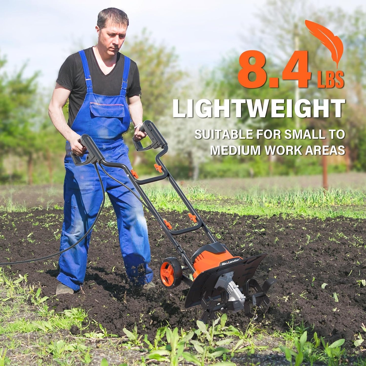 MAXLANDER Electric Tiller Cultivator, 14 Inch 12 Amp Corded Tiller for Gardening with Foldable Handle, 4 Steel Tines, Garden Rototiller with Wheels for Lawn Yard Soil Cultivation