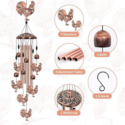 Chicken Wind Chimes for Outside, Rooster Wind Chime, Large Chicken Decor for Women Mom Grandma, Metal Rooster 40" Outdoor Windchimes for Lawn, Porch, Patio, Yard, Christmas