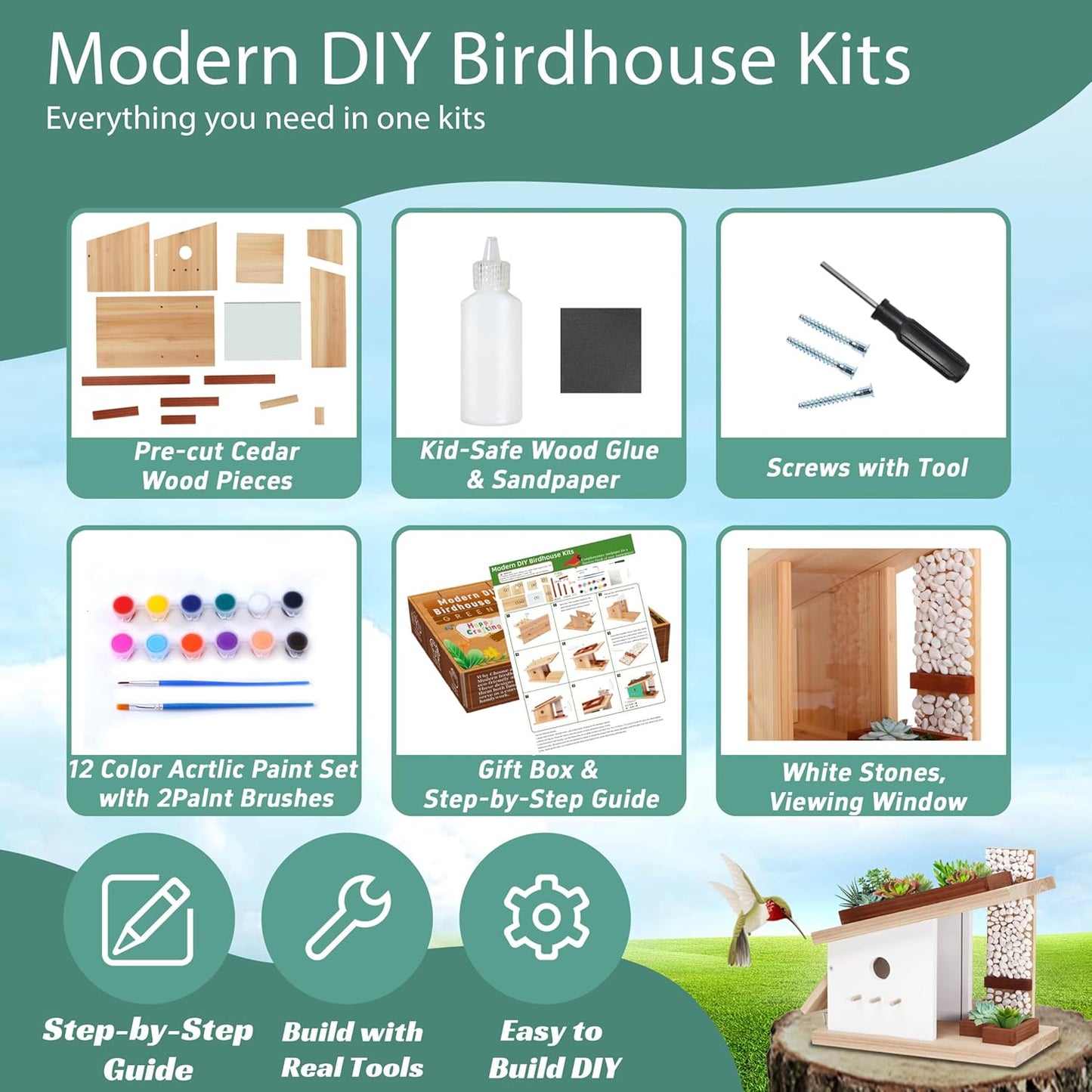 Modern Birdhouse Woodworking Kit, Build Your Own DIY Bird House Kit for Kids and Adults, DIY Woodcraft Building Projects with Paint Set