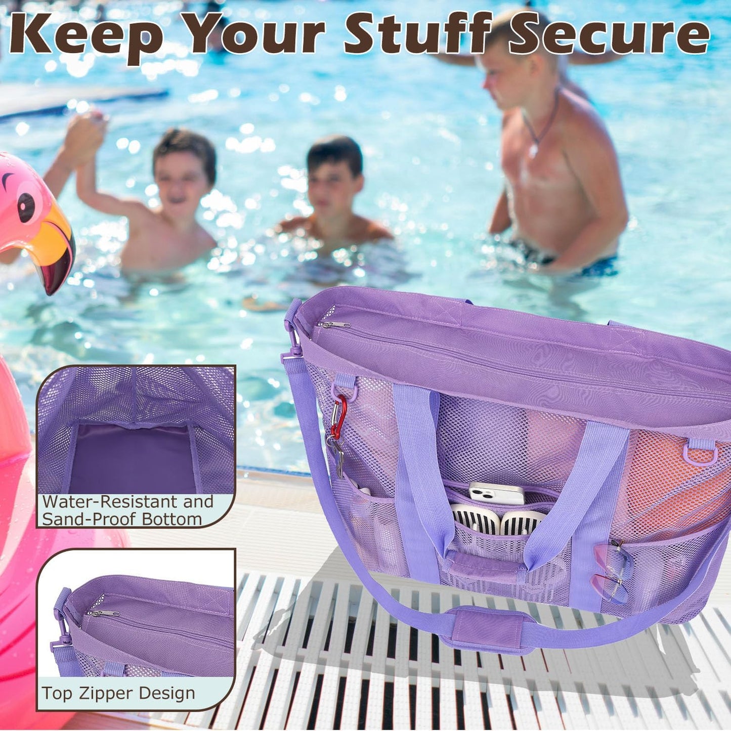 Mesh Beach Bag, Large Beach Tote with Zipper Pocket for Family Pool Bag for Toys & Vacation Essentials