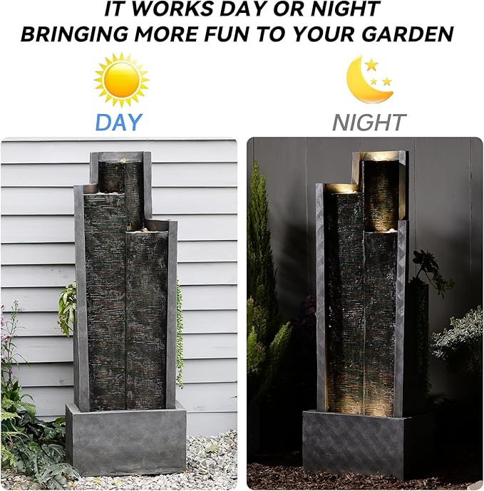 Modern Indoor Water Fountain,49.6" H Outdoor Garden Water Fountains Cascading Floor - Standing Tall Waterfall Outdoor Feature with LED Lights for Patio, Backyard, Deck, Porch and Home Art Decor