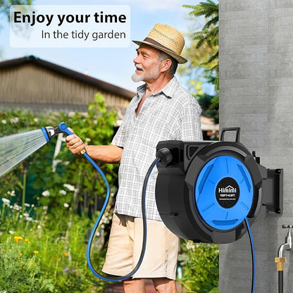 Retractable Garden Hose Reel, 1/2" x 100FT + 6.6FT Automatic Retractable Water Hose Reel Wall Mount, with 10- Function Sprayer Nozzle, Any Length Lock/Auto Rewind/180°Swivel