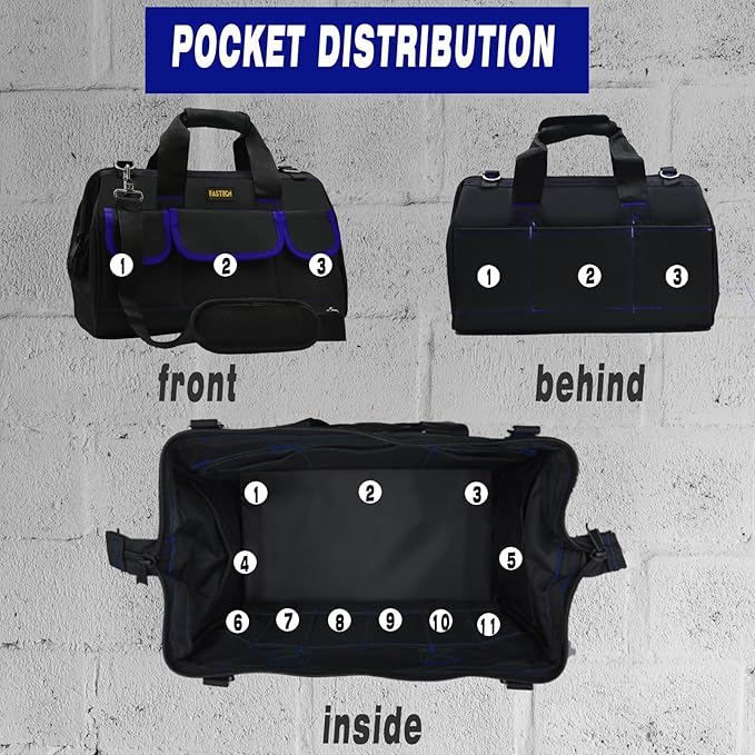 FASTECH 22 Inch Tools Bag, Waterproof Wide Mouth Tool Kit, Tools Big Bag, Heavy Duty Tool Tote Organizer With Adjustable Shoulder Strap For Men/Women (22IN Blue)