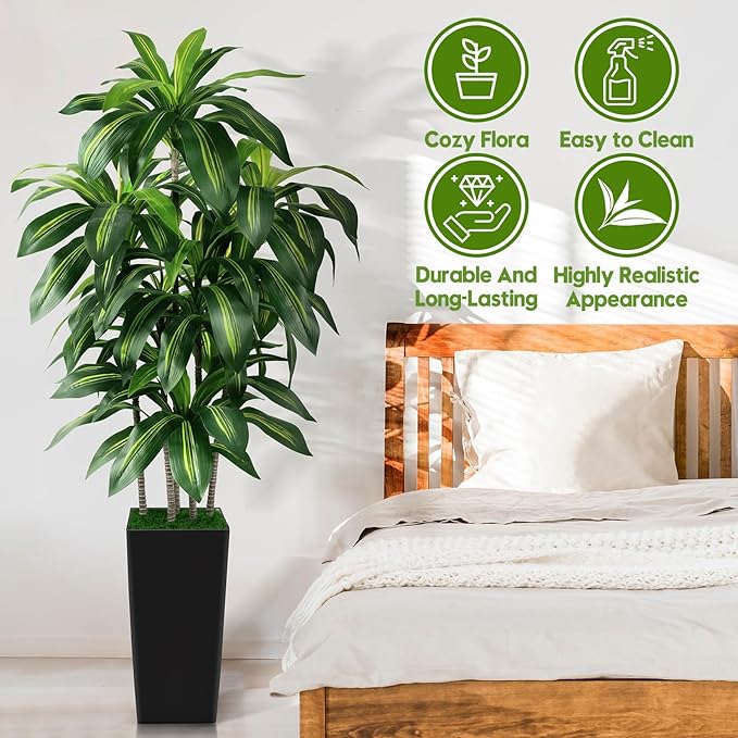 Artificial Dracaena Tree Indoor, 5FT Tall Fake Tree with Black Tall Planter, Artificial Trees Fake Yucca Potted Tree for Home Office Living Room Decor，Tall Artificial Plant for Housewarming