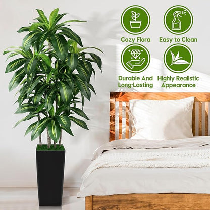 Artificial Dracaena Tree Indoor, 5FT Tall Fake Tree with Black Tall Planter, Artificial Trees Fake Yucca Potted Tree for Home Office Living Room Decor，Tall Artificial Plant for Housewarming