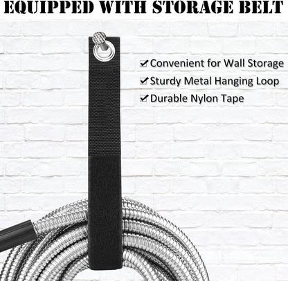 OnBrand Metal Garden Hoses for Yard 100ft, Lightweight Stainless Steel Garden Water Hose with Adjustable Nozzle, Flexible Garden Hose with Storage Strap for Outdoor Lawn Yard, No Kinks and Tangles