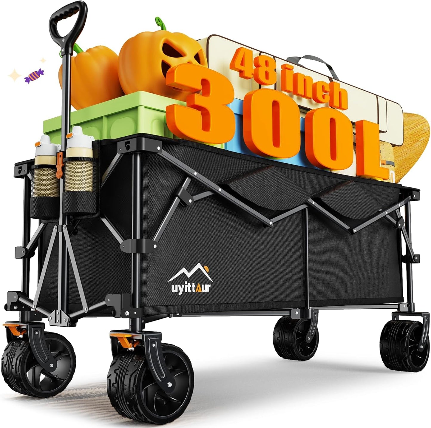 300L Extra Large Collapsible Foldable Wagon, 440lbs Load Capacity 48''L Extended Heavy Duty Folding Beach Wagon with Big All-Terrain Wheels, Utility Garden Cart for Outdoor Activities, Black