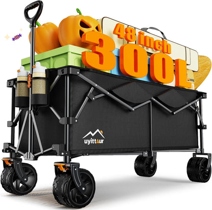 300L Extra Large Collapsible Foldable Wagon, 440lbs Load Capacity 48''L Extended Heavy Duty Folding Beach Wagon with Big All-Terrain Wheels, Utility Garden Cart for Outdoor Activities, Black