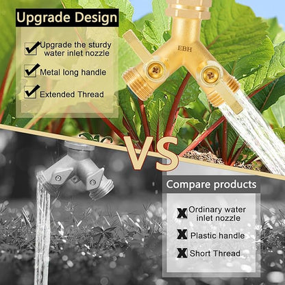 EBH Garden Hose Splitter, 2 Way Heavy Duty Hose Splitter with Shutoff Valves, Outdoor Faucet Y Spigot Adapter, 3/4" GHT Thread And Extra Long Metal Handle.
