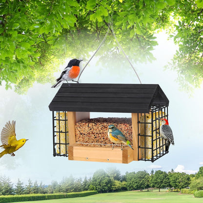 Hopper Bird Feeder for Outdoors Hanging, Wooden Bird Feeder with Double Suet Cage and Large Seed Capacity, Cedar Wood Suet Feeder with Weatherproof Roof, Garden Decoration