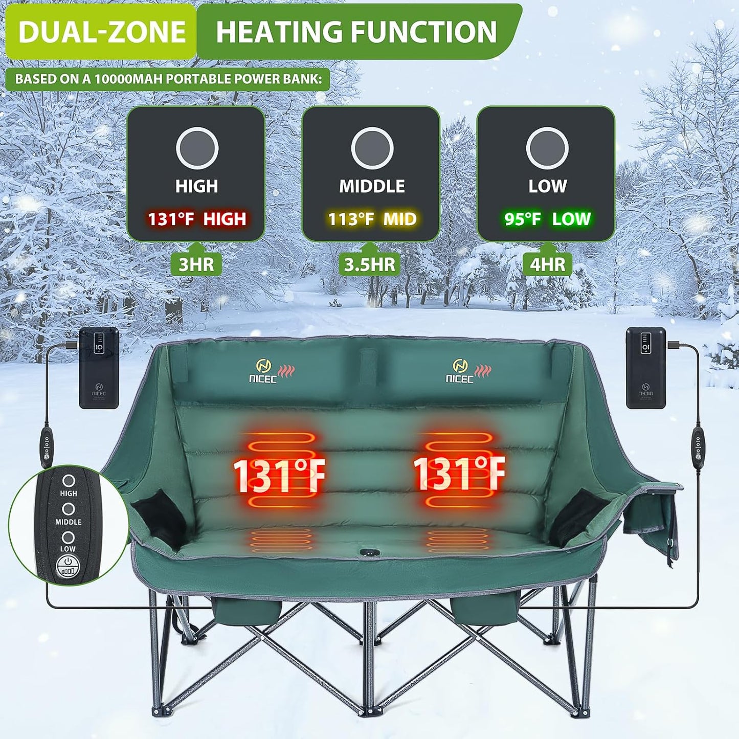 Nice C Heated Camping Chair with Battery, Heated Double Camping Couch, Oversized Thick Padded Loveseat, Heated Camping Chair for Adults, with Cooler Bag, Bottle Opener, Power Bank (Green)